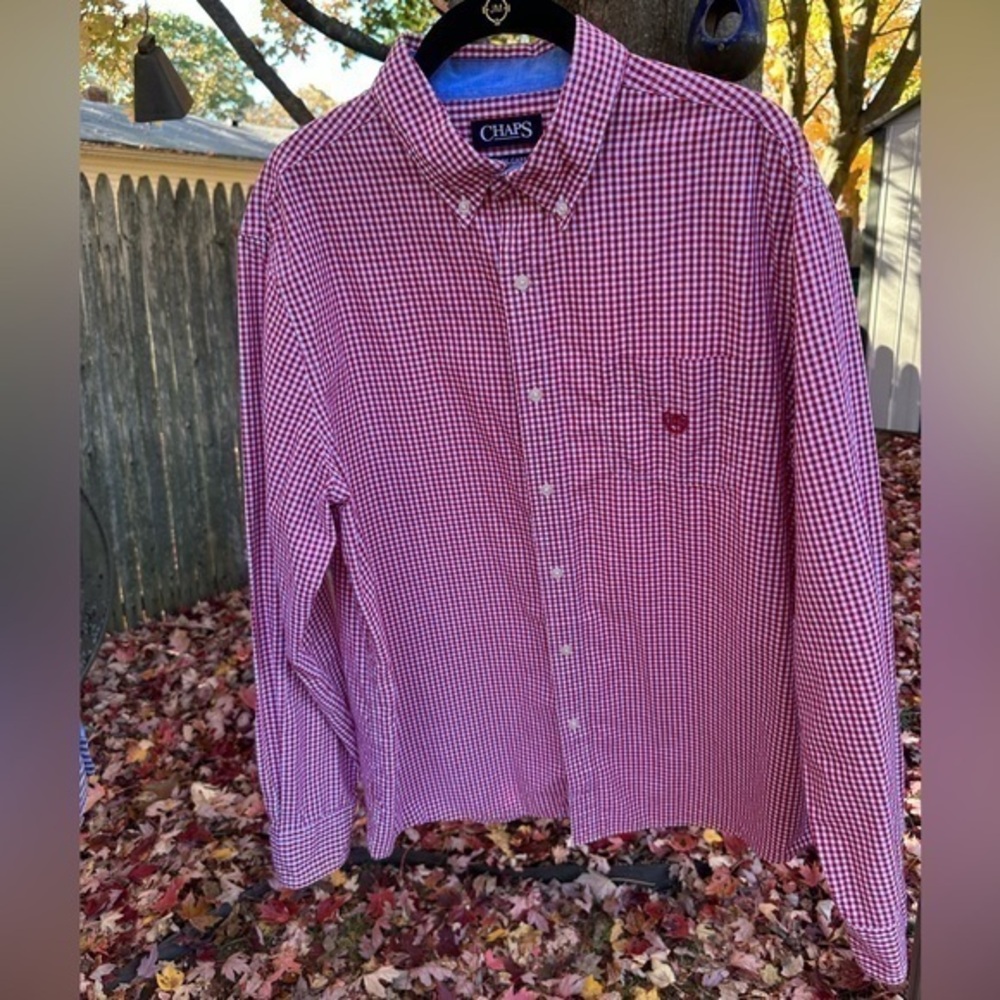 Chaps Men’s Button Down Long Sleeve Shirt (Red & White Gingham) - Picture 2 of 9